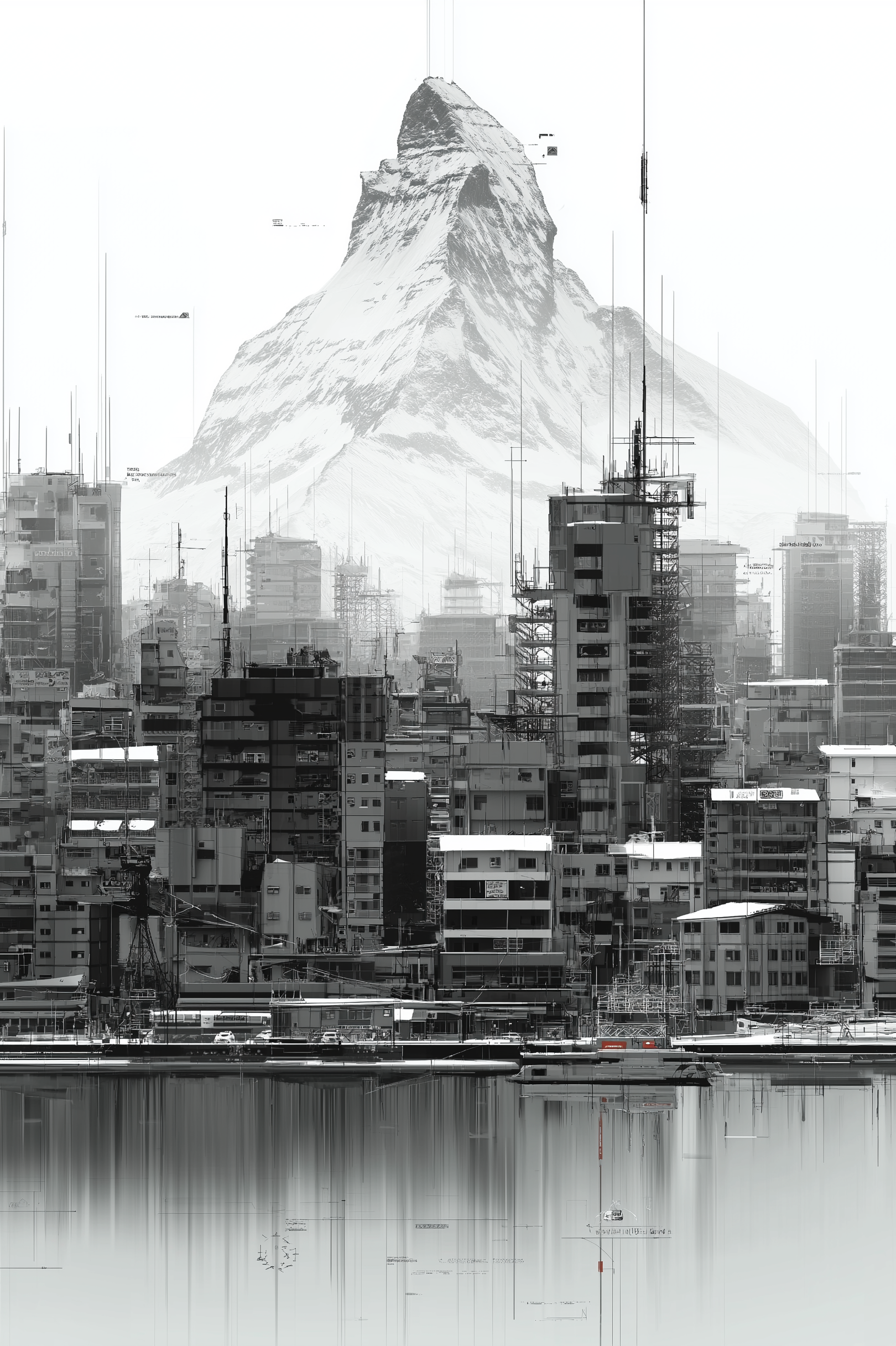 Monochrome Mountain Cityscape Art