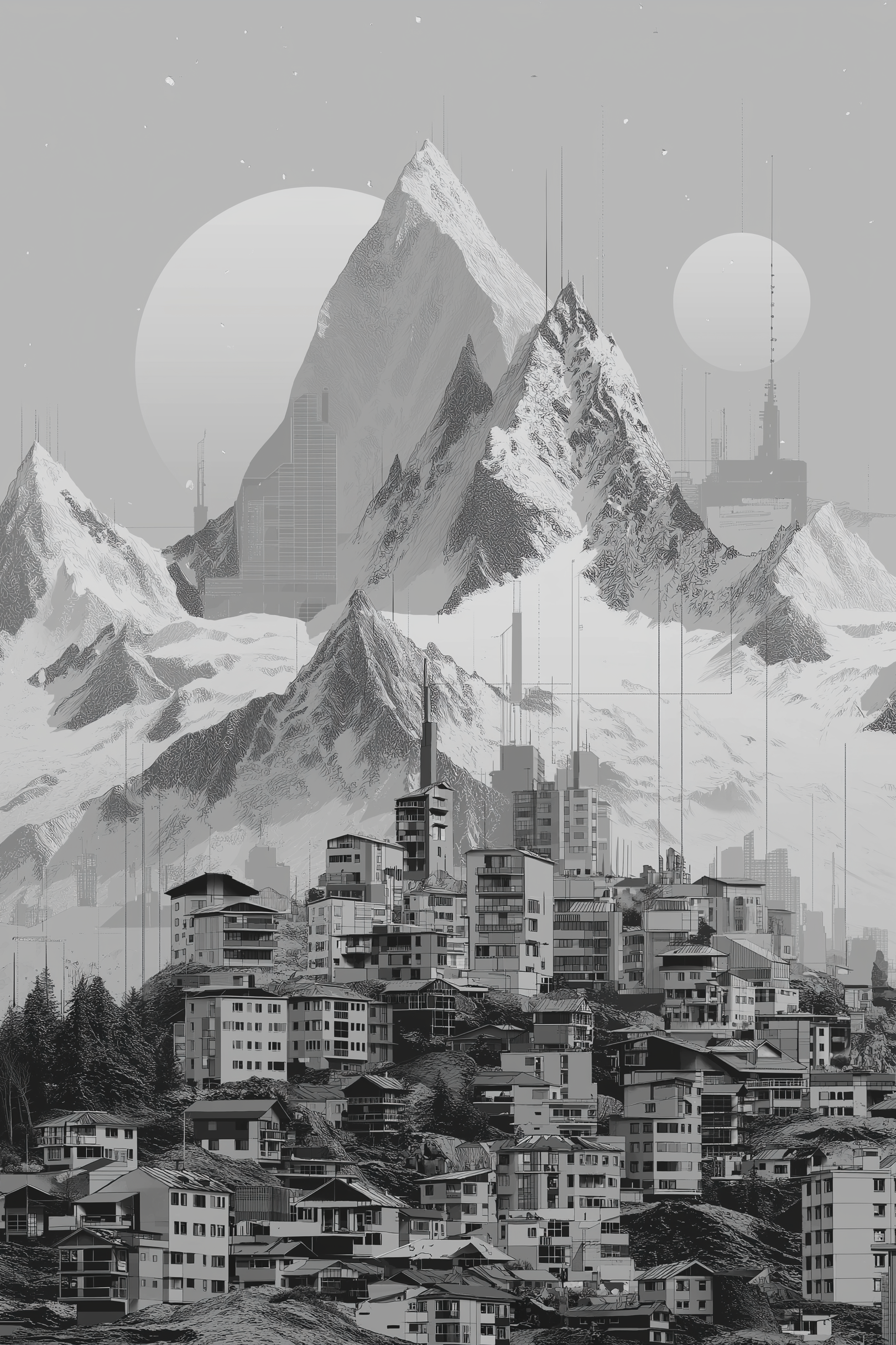 Monochrome Mountain Cityscape Wall Art