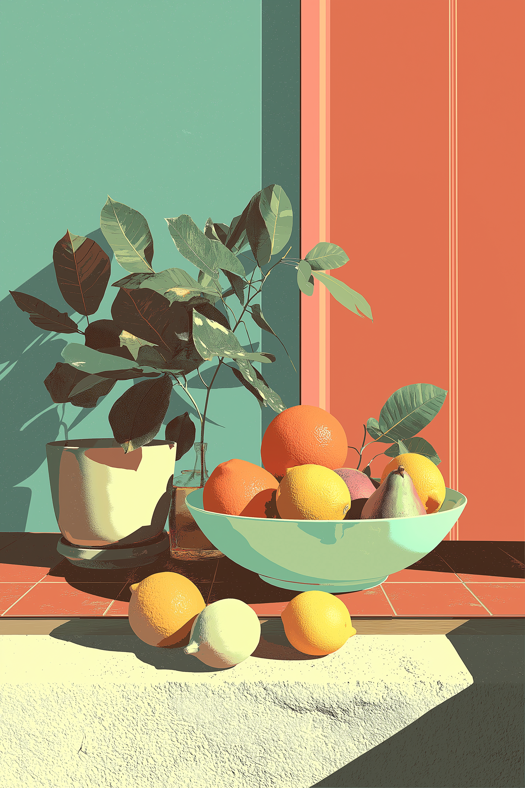Sunlit Citrus Still Life with Botanical Accent