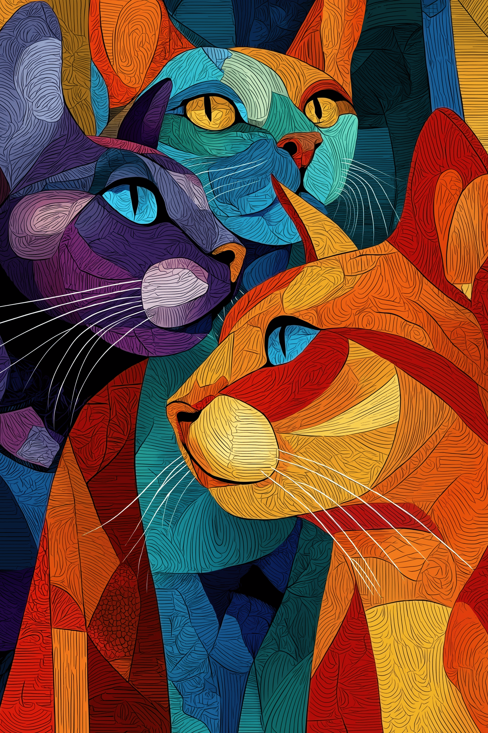 Vibrant Abstract Cat Trio Wall Art