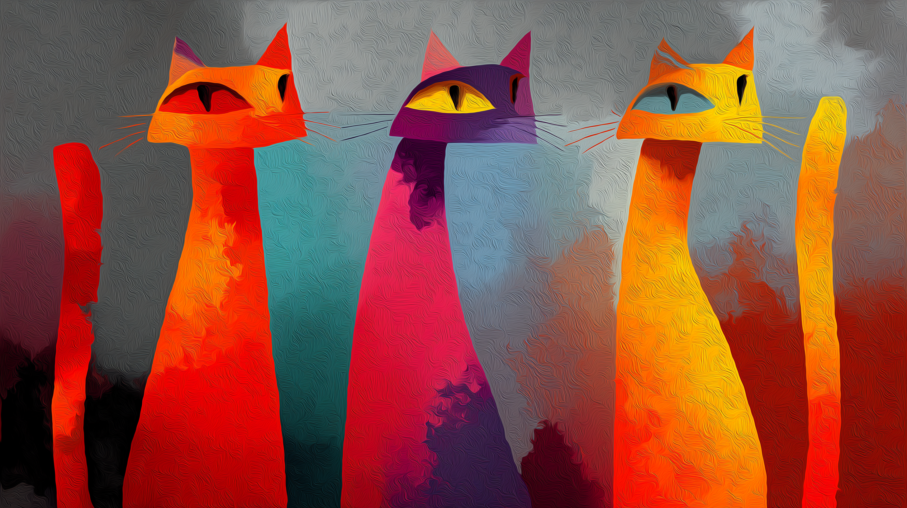 Colorful Modern Cat Trio Abstract Wall Art