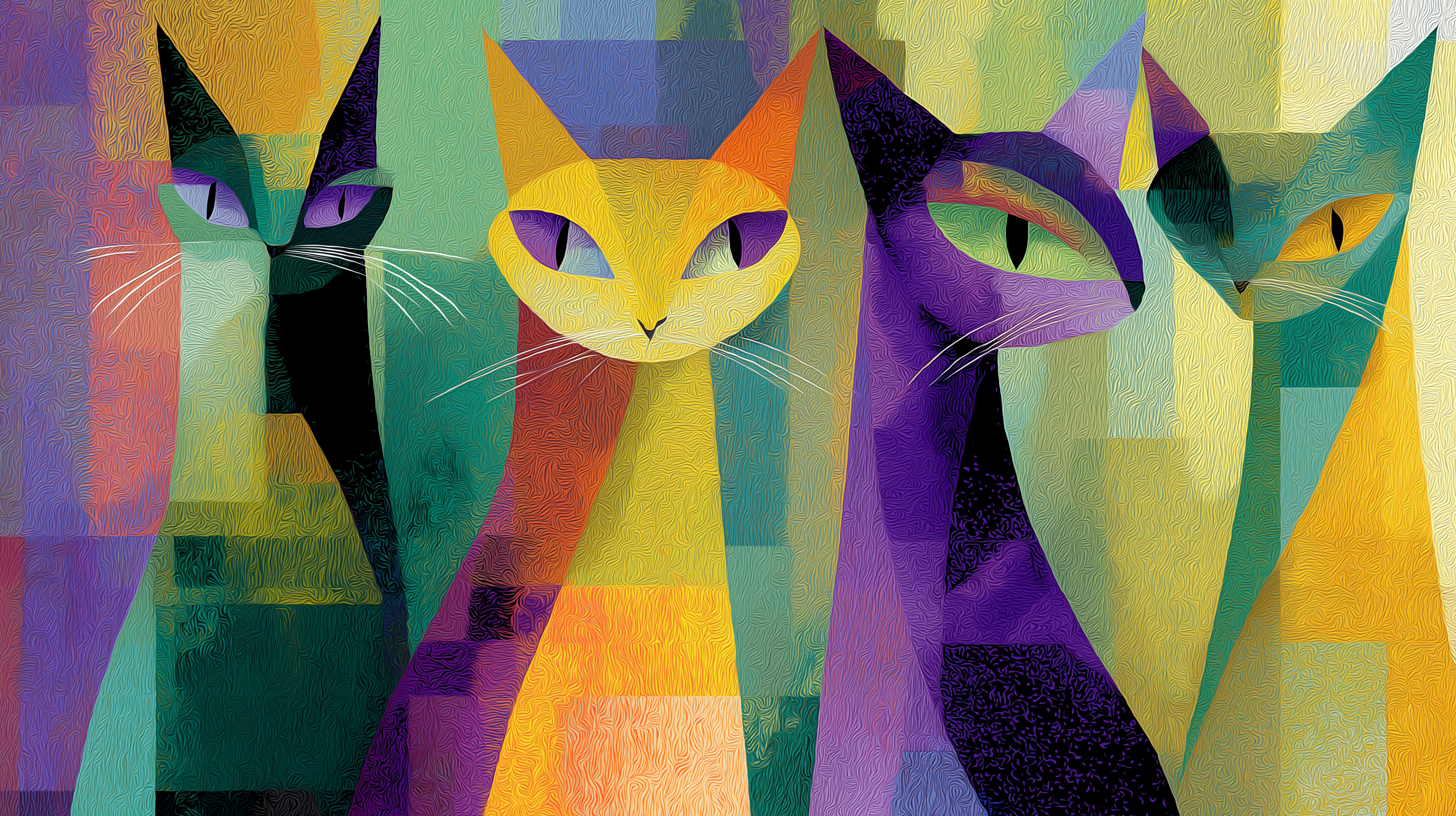 Pastel Geometric Cat Quartet Abstract Wall Art