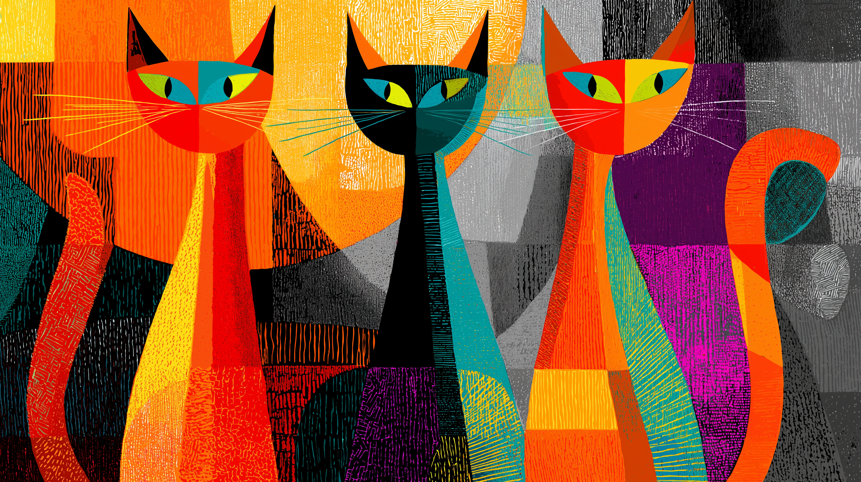 Vibrant Geometric Cat Trio Modern Abstract Wall Art