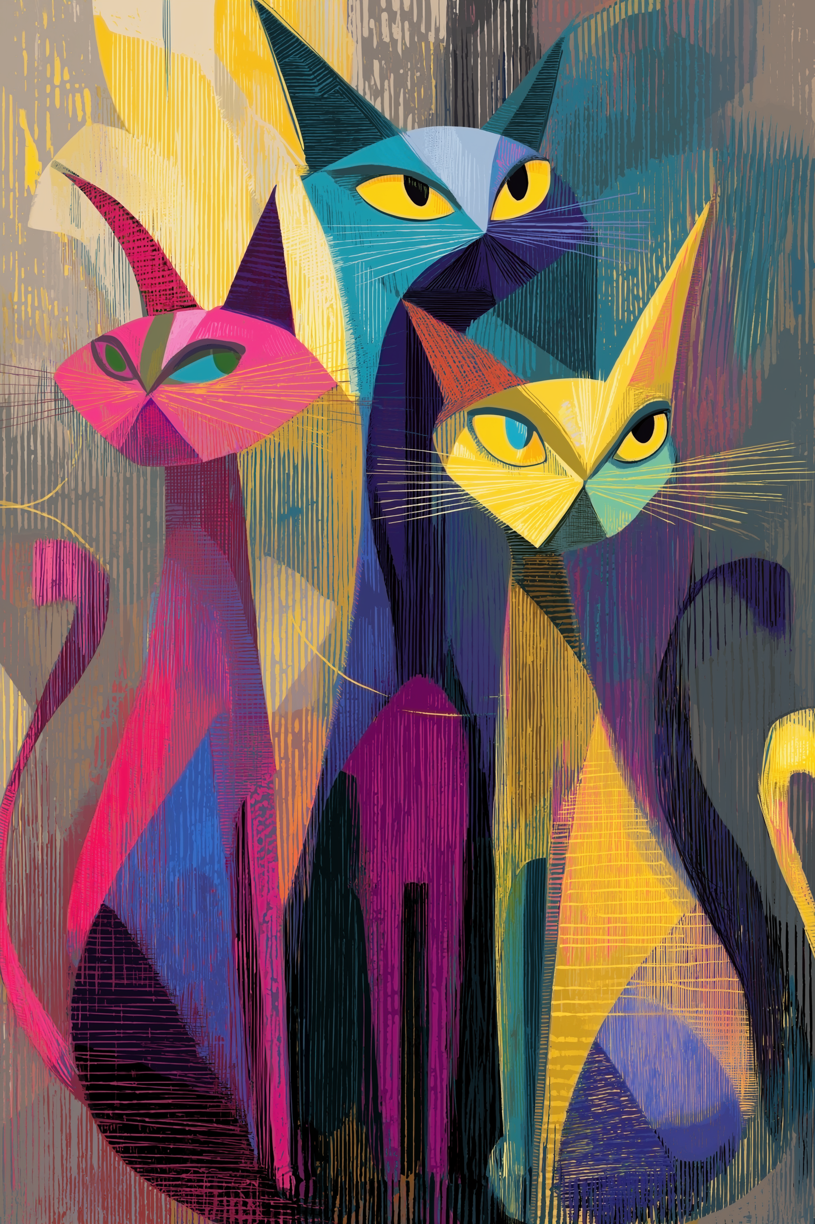 Neon Geometric Cat Family Abstract Wall Art