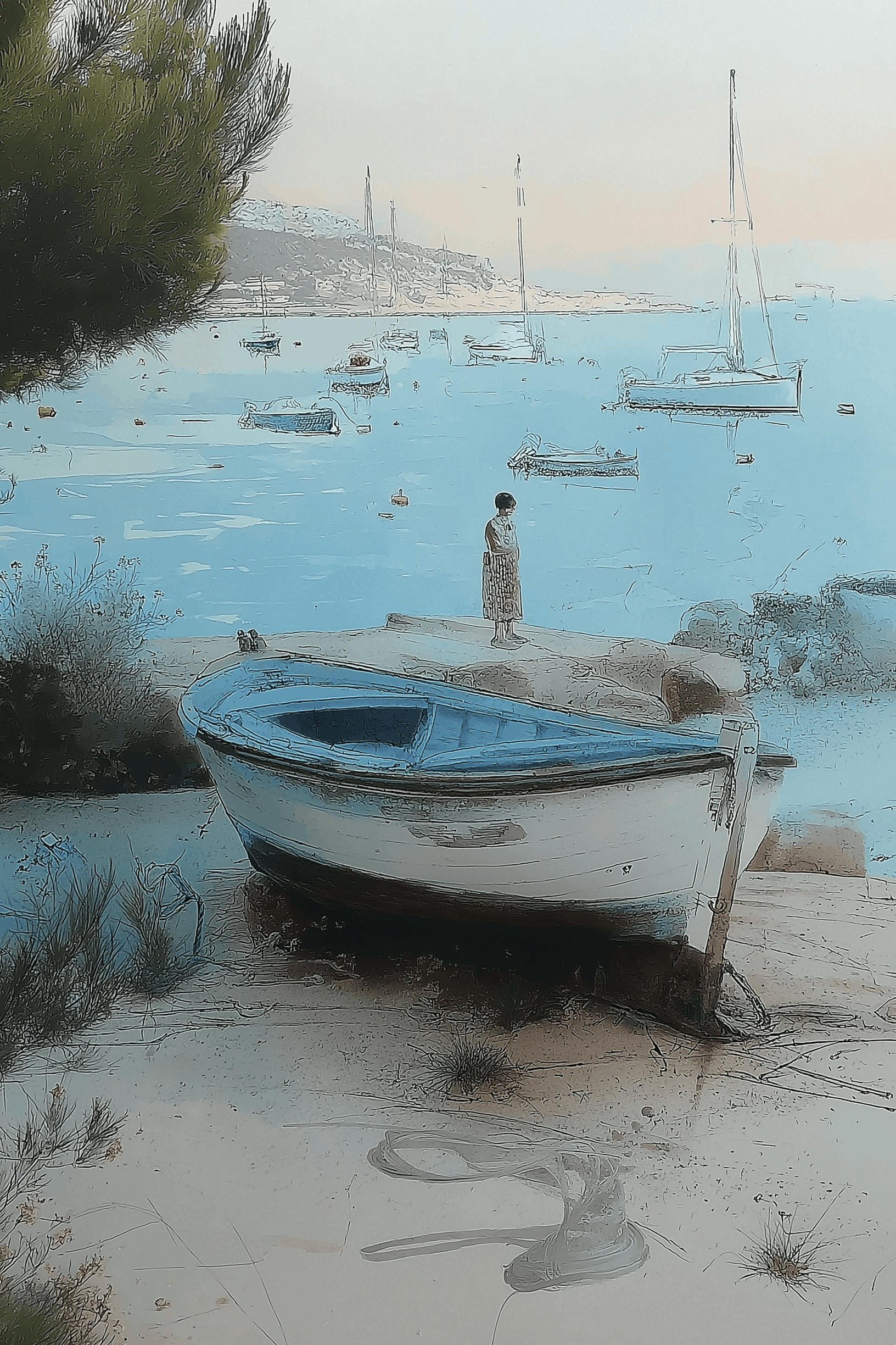Impressionist Coastal Boat Blue