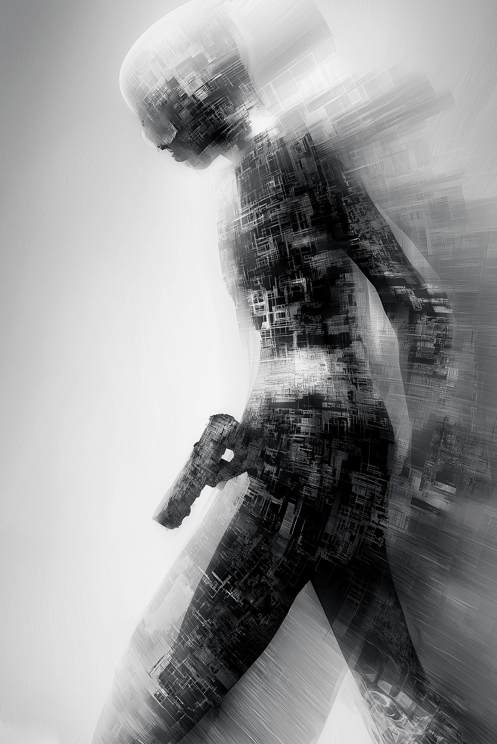 Monochrome Abstract Cyber Figure Futuristic Minimalism